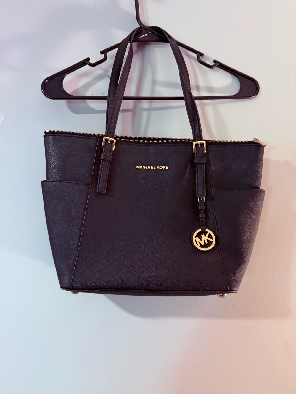 Michael Kors Black Leather Saffiano Tote with Gold Hardware
